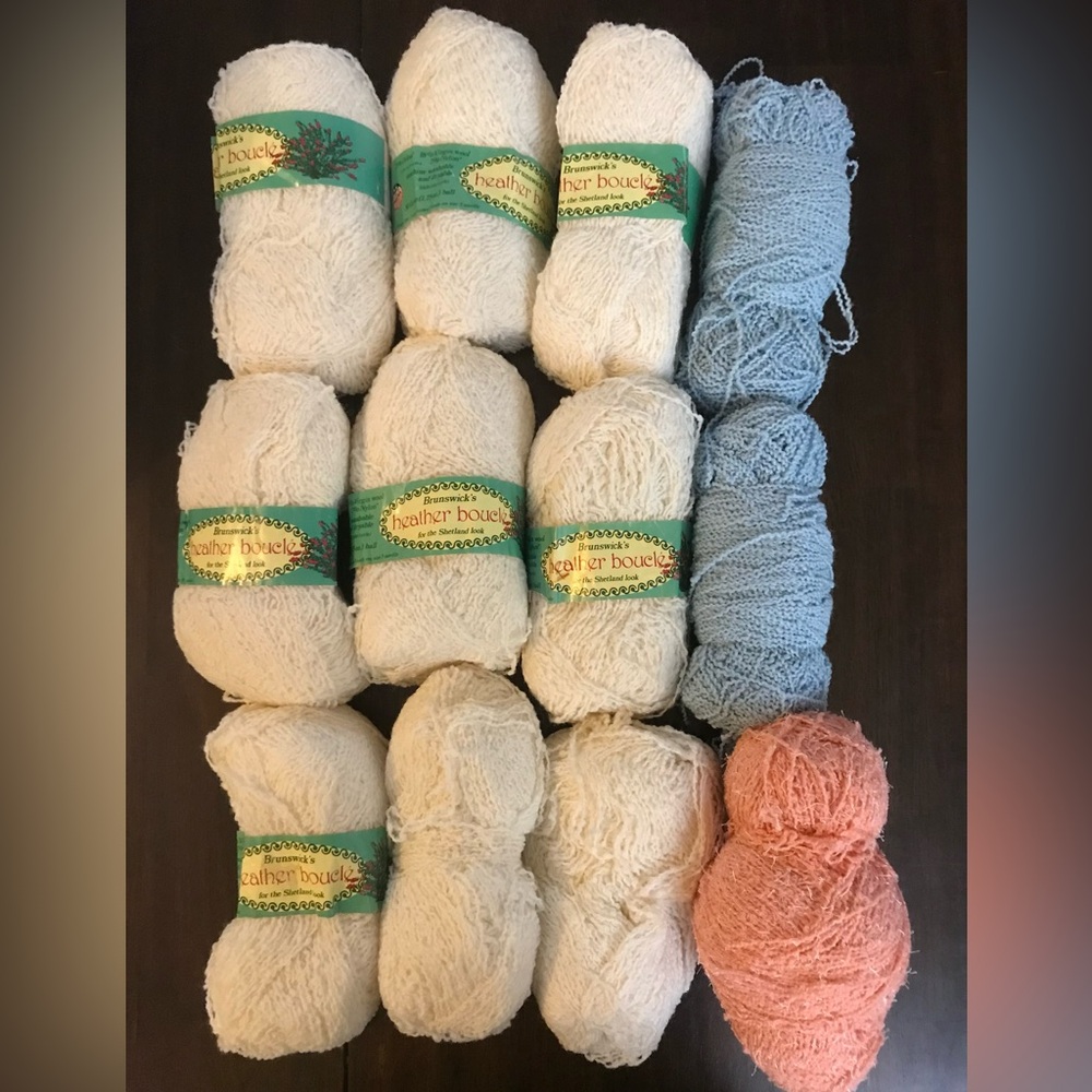 Vintage Boucle Yarn lot in White, Blue, and Pink